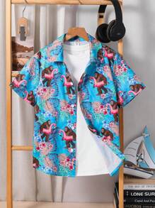 SHEIN Leap Crew Tween Boy Vacation Casual Collegiate Soft & Comfortable Versatile Solid Collar Short Sleeve Shirt With Allover Monkey Leaves Floral Print, Suitable For Spring & Summer, Daily Wear, Outdoor Activities, School, Street, Party, Leisure - Multicolor - View 1
