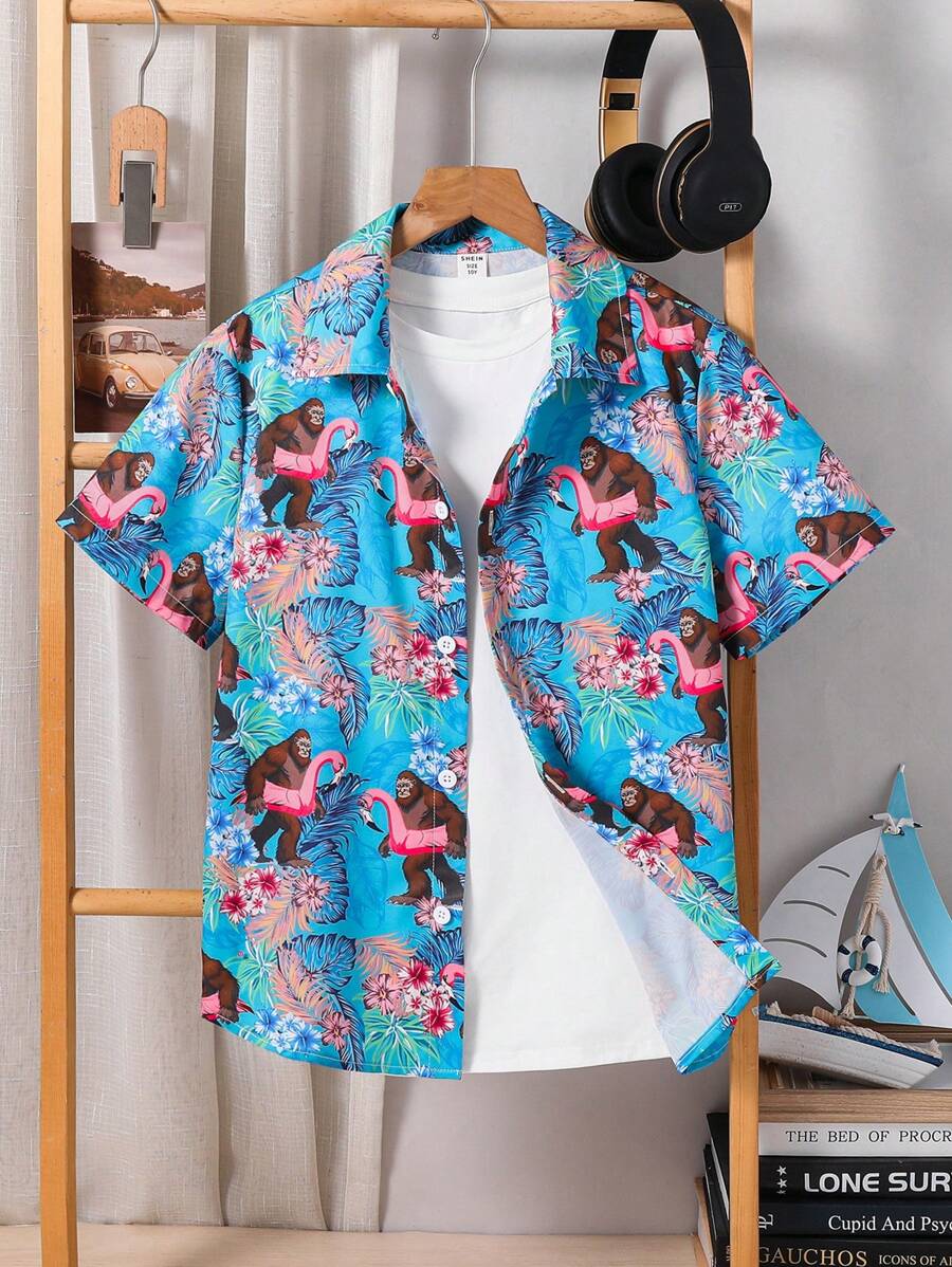 SHEIN Leap Crew Tween Boy Vacation Casual Collegiate Soft & Comfortable Versatile Solid Collar Short Sleeve Shirt With Allover Monkey Leaves Floral Print, Suitable For Spring & Summer, Daily Wear, Outdoor Activities, School, Street, Party, Leisure - Multicolor - View 1