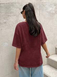 Muchica Wine Red Knitted Women's Vintage Casual Loose T-Shirt - Burgundy - View 2