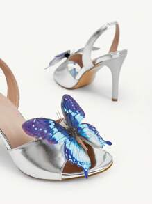CUCCOO CHICEST 优雅银色 PU 女士尖头蝴蝶装饰高跟凉鞋，性感精致的正装鞋，适合通勤、约会、下午茶、派对 - 銀色 - 查看 11
