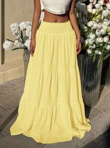 MainGRL Women's Yellow Pleated Ruched Hem A-Line Skirt, Summer,Butter Yellow - Yellow - View 4