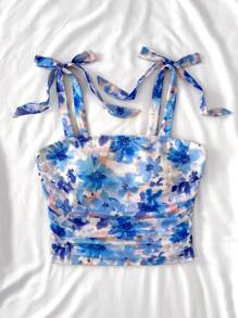 SHEIN Camicetta a fascia con stampa floreale lavorata a maglia, con fiocchi sulle spalline, adatta per ragazze adolescenti, per l estate, le vacanze e i viaggi