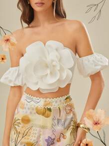 L'Amorae Women's Solid Color 3D Floral Off Shoulder Top, Fashionable For Summer, Vacation, Beach