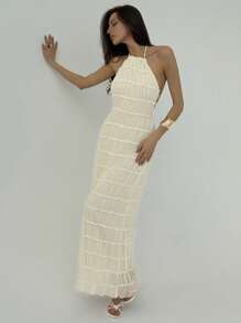 Aloruh Sexy halterjurk met blote rug en gelaagde textuur voor strand/resort, wit, lente/zomer
