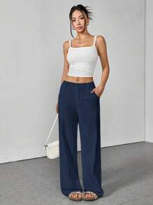SHEIN PETITE Pantaloni morbidi e ampi in vita bassa, tinta unita, casual