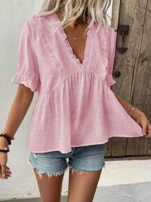 LanaWest Women's Cutout Deep V Puff Sleeve Blouse - Pink - View 4