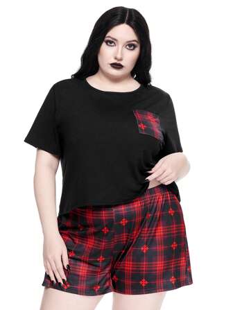 Goth Gotischer Kariert Kurzarm & Shorts Lässig Pyjama Set