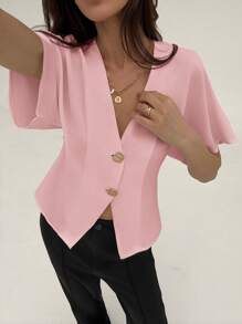 Aloruh Elegant Batwing Sleeve Double-Breasted Button-Up Solid Color Minimalist Shirt Pink - Pink - View 6