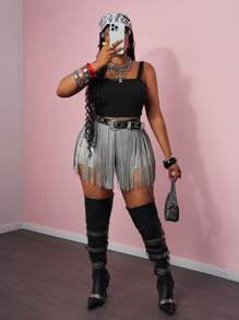 Slaydiva SLAYR PLUS Music Festival Black Fringe PU Elastic Knit Mini Shorts, Plus Size