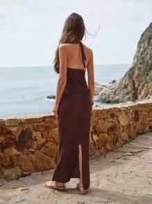 MOTF PREMIUM KNOT HALTER TOP & SPLIT SKIRT SWEATER CO-ORDS - Khaki - View 4