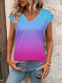 SHEIN LUNE Camiseta de verano informal de mujer con escote en V y mangas murciélago con degradado - Multicolor - Ver 5