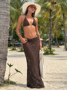 Swim SXY 3件套女士性感蕾丝三角上衣、比基尼泳裤和长裙沙滩度假泳衣 - 咖啡棕 - 查看 6