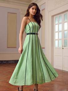 ZEYLAH Women's Linen Sleeveless Contrast Color Piping Midi Dress, Summer Dress