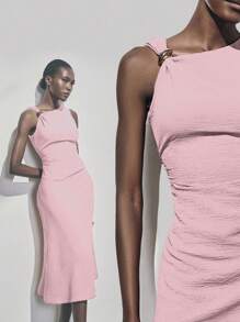 Lumivelle 1pc Summer Metal Ring Decor Waist Ruffle Sleeveless Mini Dress - Baby Pink - View 6