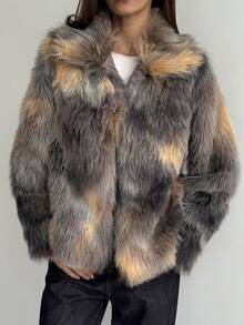 Aloruh Women's Patterned Long Sleeve Faux Fur Collar Jacket, Autumn/Winter - Multicolor - View 4