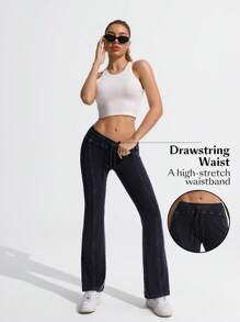 SHEIN Essnce 女式纯色紧身喇叭腿抽绳休闲牛仔裤 - 深灰色 - 查看 3