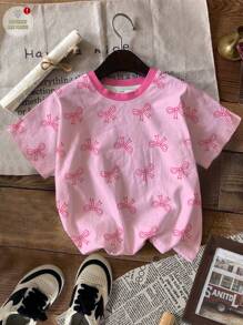 SHEIN Leap Crew Áo thun tay ngắn cổ tròn in hình nơ hồng dễ thương cho bé gái, đơn giản, phù hợp cho mùa hè - Nhiều màu - Xem 2