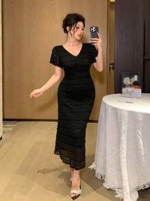 DAZY Women's Ruffled Hem Dress, Suitable For Party/Banquet, Spring/Summer - Black - View 4