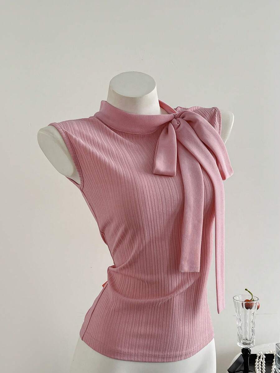 SHEIN Clasi Women's Summer Chiffon Splicing Colorblock Slim Fit Elegant Knitted T-Shirt - Pink - View 1