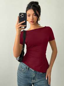 Siren Gaze Women Bow Lace Splicing Slimming Black Sexy Short Shoulder Exposing Tops Christmas Summer New Year Red Burgundy Valentine's Day - Burgundy - View 6