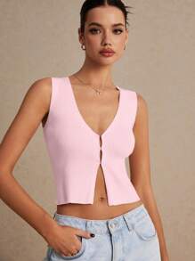 Poéselle Women's Casual Solid Color Knitted Vest For Summer - Baby Pink - View 4