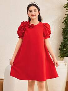 SHEIN Vestido holgado de línea A con cuello redondo, mangas abultadas y volante en el bajo para niña preadolescente, estilo elegante y casual para resort, color rojo