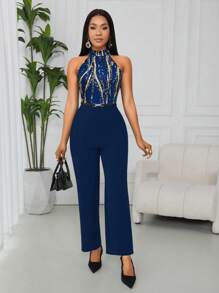 Lyxana Women's Elegant Printed Halter Jumpsuit - Navy Blue - View 4