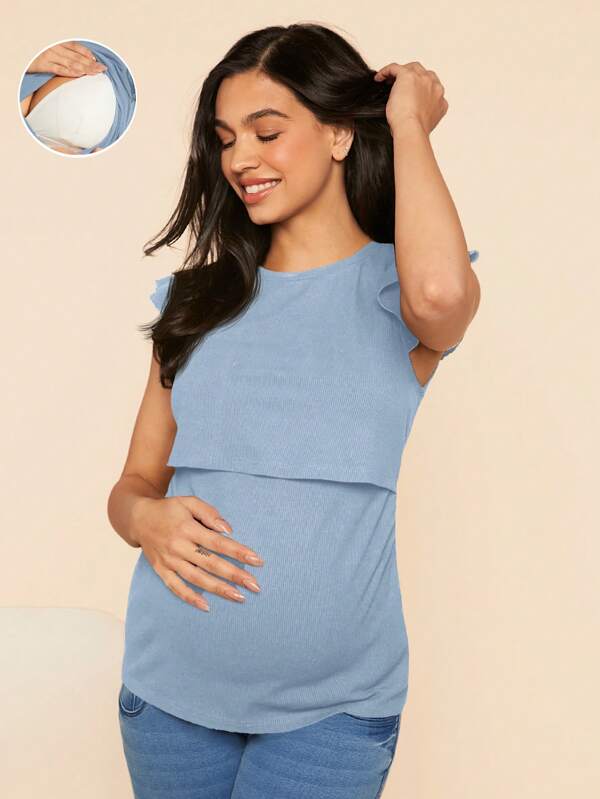 SHEIN Maternity Floral Romantic Nursing Tops, Round Neck Ruffle Sleeve Slim Fit Pregnant T-Shirt
