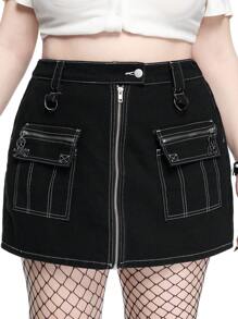 ROMWE Grunge Punk 复古破旧朋克工装口袋大码女式牛仔迷你裙，开学季 - 深灰色 - 查看 4