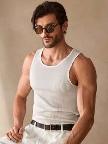 Manfinity VCAY Men's Casual Solid Color Fitted Knit Sweater Tank Top, Suitable For Daily Wear - White - View 4