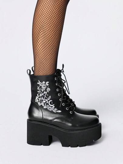 Grunge Punk Women's Fashion Lace Up Platform Ankle Boots, Gothic Style Floral Embroidery Side Zipper Combat Boots