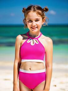 Spring/Summer Bikini Set, Minimalist Fashion Style, Fuchsia & White, Floral Petal Cutout Neckline, Tween Girls Fuchsia-White Contrast Floral Cutout Neck Two-Piece Bikini Set, Stylish Casual Elegant Suitable For Swimming, Vacation, Summer