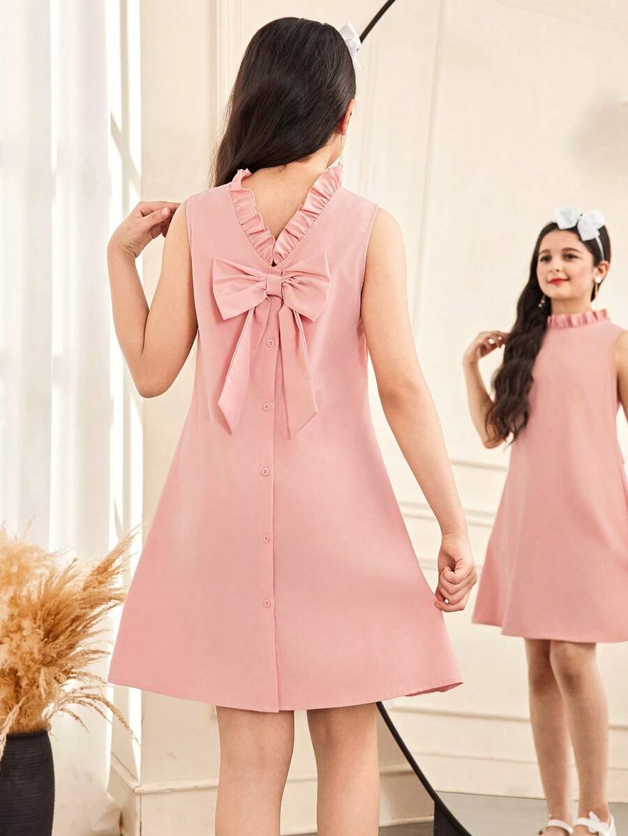 Đầm sơ mi không tay màu trơn thanh lịch, giản dị dành cho bé gái tuổi teen, cổ áo xếp nếp, cài cúc phía sau, kiểu Pháp cổ điển, màu hồng. - Hồng - Xem 1