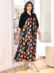 Lacomfia Vestido largo con cintura ceñida y estampado de hojas en patchwork - Negro - Ver 5