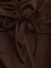 SHEIN MOD Chân váy midi chữ A cạp cao màu nâu cỡ lớn có dây rút bên hông, viền nhún, mùa hè - màu nâu - Xem 3