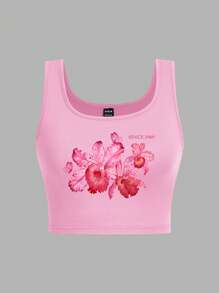 SHEIN EZwear 3 Pieces Women's Cherry Blossom Floral Print Black, White And Gray Super Short Tight Fit Casual Tank Tops Back To School - Multicolor - View 9