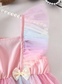 SHEIN Baby Girl   Fitted Cute Pink Woven Patchwork Colorful Mesh Ruffle Butterfly Trim Summer Dress - Multicolor - View 3