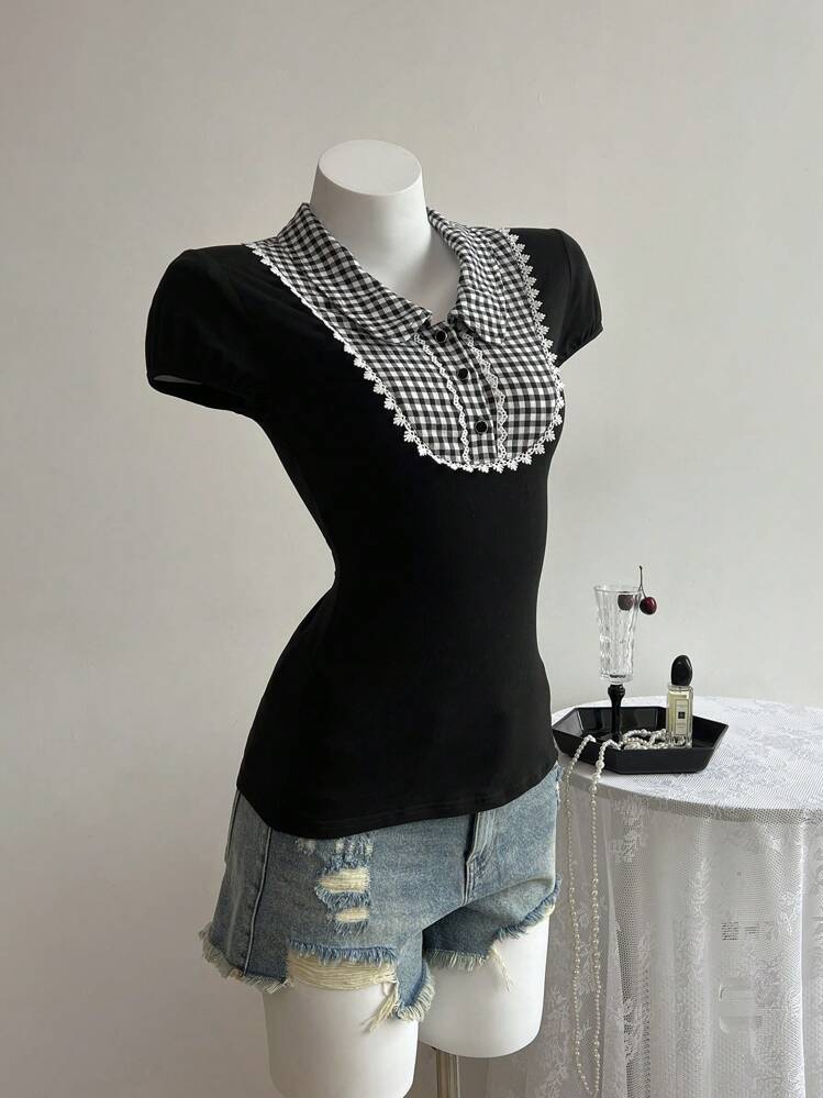 Elamini 레트로 시크 여름 체크 패치워크 카라 짧은 소매 슬림핏 티셔츠