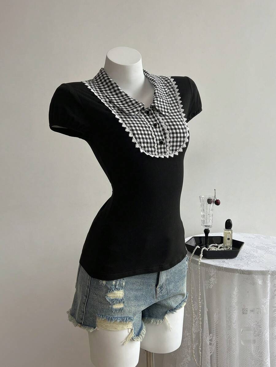 Elamini Kaos Lengan Pendek Pas Badan Bermotif Kotak-kotak Patchwork Gaya Retro Chic Musim Panas - Putih - View 1