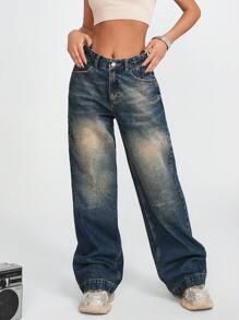 RueChic Quần jean ống đứng cạp vừa dáng rộng phong cách Y2K cho nữ, quần cargo baggy nữ, quần jean ống rộng nữ size lớn, quần dài nữ mặc mùa hè - Rửa tối - Xem 2