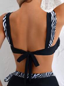SHEIN Swim New Summer Multicolor Splicing Zebra Print Thick Strap U-Neck Wireless Crisscross Backless Beach Holiday Women's Swimwear Top - Multicolor - View 1