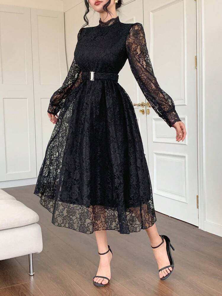 Elegant Lace Stand Collar Puff Sleeve Mid-Length Dress For Wedding Guest, Spring Season, Fall Dress Long Sleeve Dress
