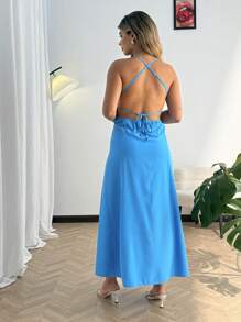 Calvaya Plus Size Women Single Breasted Casual Fashion Strap Midi Dress - Blue - View 2