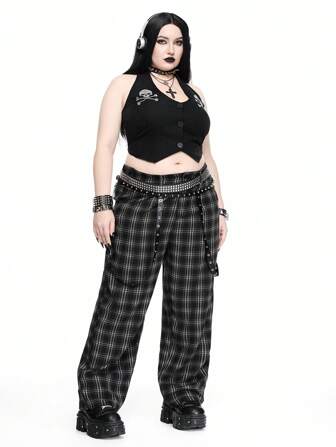 Goth Pantalones rectos de talla grande con estampado a cuadros de estilo universitario