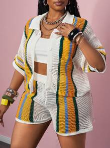 Slaydiva 2pcs Set 2025 Spring & Summer Casual & Beach Resort Knitted Collared Short Sleeve Blouse With Pocket And Shorts, Colorful Stripe Contrast Knitted Set, Plus Size Women