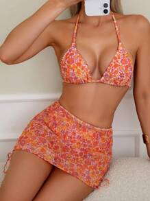 Swim Vcay 3pcs Women Leopard Print Halter Triangle Bra, Mesh Mini Skirt With Side Tie Bikini Set For Summer Beach Vacation