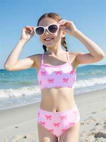 Tween Girls Bikini Sets, Cute Bowknot & Striped Swimwear, Suitable For Beach Vacation - Hot Pink - View 1