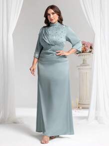 Coutiva Gaun Malam Mewah Ukuran Plus, Gaun Pesta Mewah dengan Hiasan Berlian, Gaun Maxi Gaya Wanita Elegan, Formal, Untuk Tamu Pernikahan - Mint Green - View 4