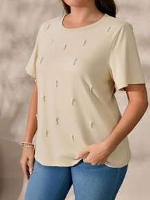 SHEIN LUNE Plus Size Elastic Pearl Embellished Short Sleeve Comfortable T-Shirt - Yellow - View 4