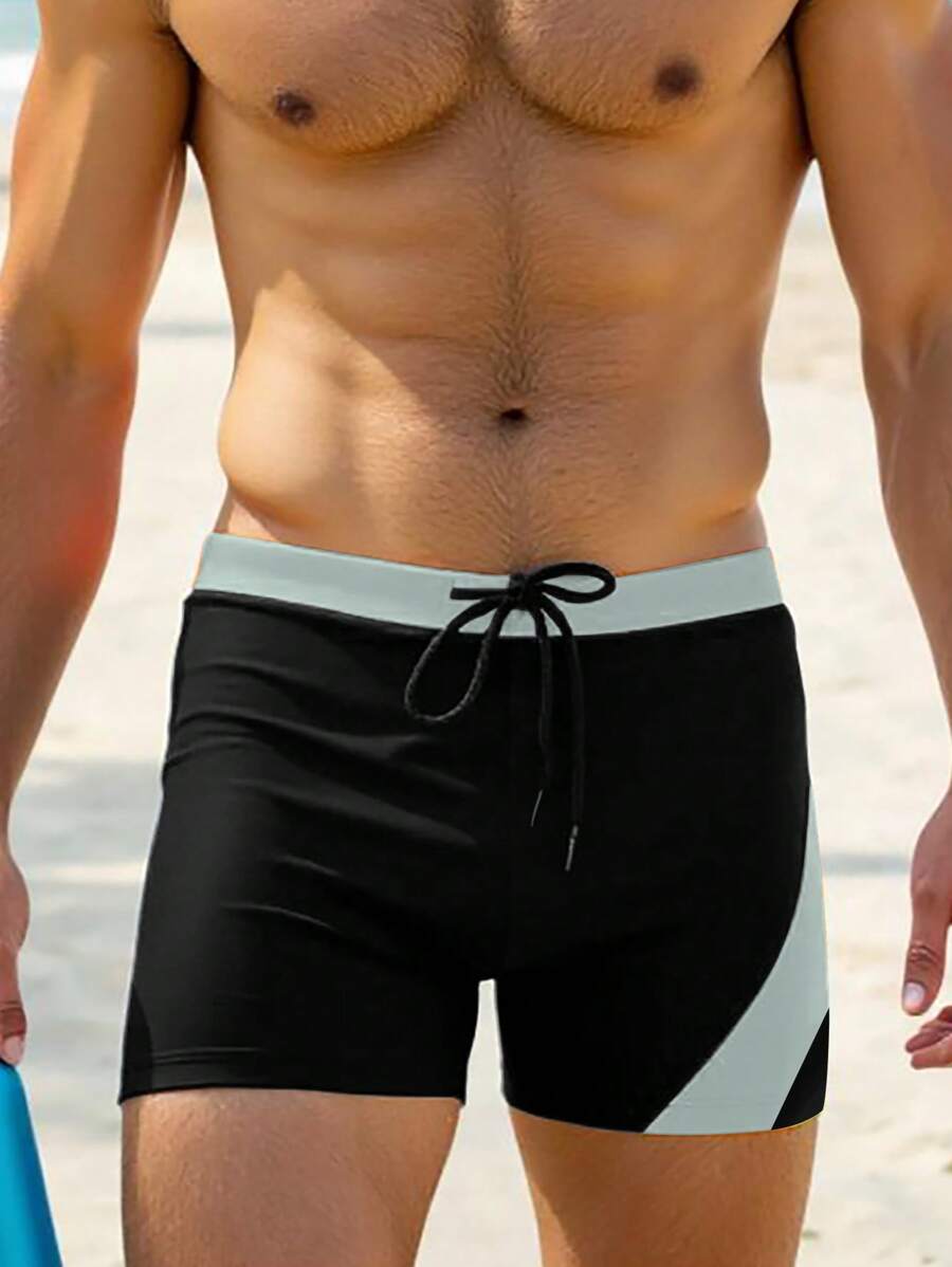 Manfinity Swimmode 男士拼接撞色时尚泳裤，适合夏季，夏威夷风 - 黑色 - 查看 1